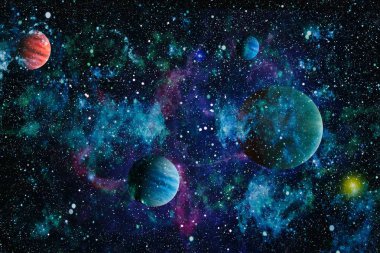 Gezegen ve galaksinin yıldızları serbest uzayda. Bu görüntünün elementleri NASA tarafından desteklenmektedir .