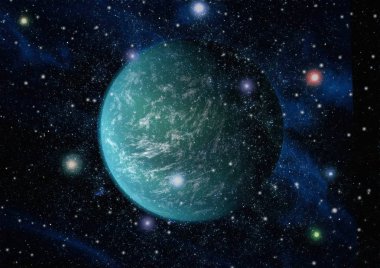 Gezegen ve galaksinin yıldızları serbest uzayda. Bu görüntünün elementleri NASA tarafından desteklenmektedir .