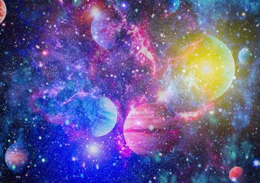 Gezegen ve galaksinin yıldızları serbest uzayda. Bu görüntünün elementleri NASA tarafından desteklenmektedir .