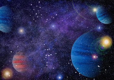 Gezegen ve galaksinin yıldızları serbest uzayda. Bu görüntünün elementleri NASA tarafından desteklenmektedir .