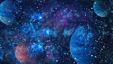 Gezegen ve galaksinin yıldızları serbest uzayda. Bu görüntünün elementleri NASA tarafından desteklenmektedir .