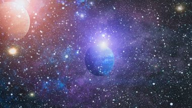 Gezegen ve galaksinin yıldızları serbest uzayda. Bu görüntünün elementleri NASA tarafından desteklenmektedir .