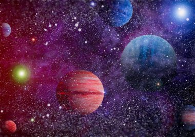 Gezegen ve galaksinin yıldızları serbest uzayda. Bu görüntünün elementleri NASA tarafından desteklenmektedir .