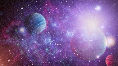 Gezegen ve galaksinin yıldızları serbest uzayda. Bu görüntünün elementleri NASA tarafından desteklenmektedir .