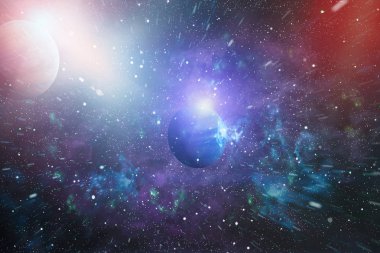 Gezegen ve galaksinin yıldızları serbest uzayda. Bu görüntünün elementleri NASA tarafından desteklenmektedir .