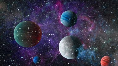 Gezegen ve galaksinin yıldızları serbest uzayda. Bu görüntünün elementleri NASA tarafından desteklenmektedir .