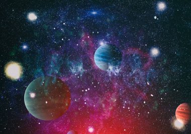 Gezegen ve galaksinin yıldızları serbest uzayda. Bu görüntünün elementleri NASA tarafından desteklenmektedir .