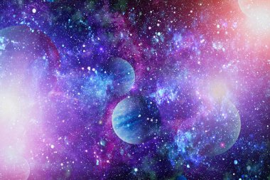 Gezegen ve galaksinin yıldızları serbest uzayda. Bu görüntünün elementleri NASA tarafından desteklenmektedir .