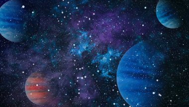 Gezegen ve galaksinin yıldızları serbest uzayda. Bu görüntünün elementleri NASA tarafından desteklenmektedir .