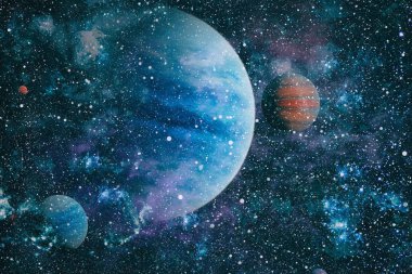 Gezegen ve galaksinin yıldızları serbest uzayda. Bu görüntünün elementleri NASA tarafından desteklenmektedir .