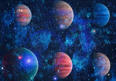 Gezegen ve galaksinin yıldızları serbest uzayda. Bu görüntünün elementleri NASA tarafından desteklenmektedir .