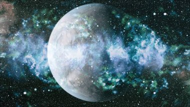 Gezegen ve galaksinin yıldızları serbest uzayda. Bu görüntünün elementleri NASA tarafından desteklenmektedir .