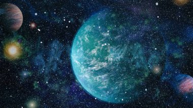 Gezegen ve galaksinin yıldızları serbest uzayda. Bu görüntünün elementleri NASA tarafından desteklenmektedir .