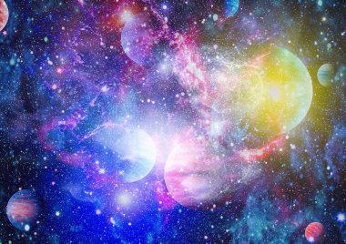 Gezegen ve galaksinin yıldızları serbest uzayda. Bu görüntünün elementleri NASA tarafından desteklenmektedir .