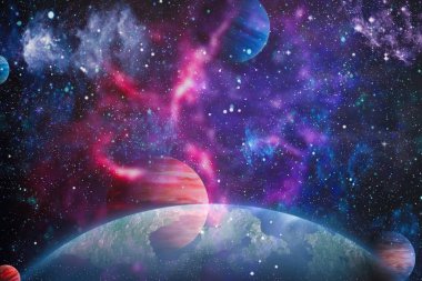 Gezegen ve galaksinin yıldızları serbest uzayda. Bu görüntünün elementleri NASA tarafından desteklenmektedir .