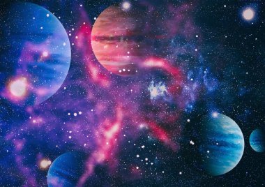 Gezegen ve galaksinin yıldızları serbest uzayda. Bu görüntünün elementleri NASA tarafından desteklenmektedir .