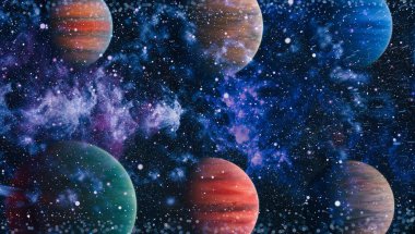 Gezegen ve galaksinin yıldızları serbest uzayda. Bu görüntünün elementleri NASA tarafından desteklenmektedir .