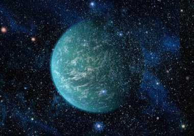 Gezegen ve galaksinin yıldızları serbest uzayda. Bu görüntünün elementleri NASA tarafından desteklenmektedir .