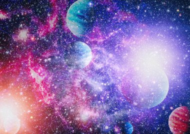 Gezegen ve galaksinin yıldızları serbest uzayda. Bu görüntünün elementleri NASA tarafından desteklenmektedir .