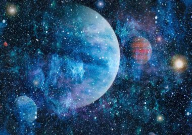 Gezegen ve galaksinin yıldızları serbest uzayda. Bu görüntünün elementleri NASA tarafından desteklenmektedir .