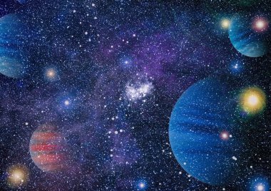 Gezegen ve galaksinin yıldızları serbest uzayda. Bu görüntünün elementleri NASA tarafından desteklenmektedir .