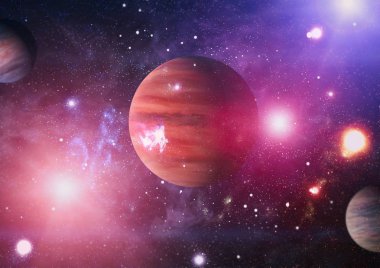 Gezegen ve galaksinin yıldızları serbest uzayda. Bu görüntünün elementleri NASA tarafından desteklenmektedir .