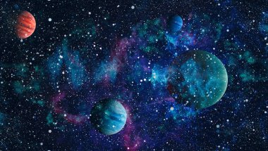 Gezegen ve galaksinin yıldızları serbest uzayda. Bu görüntünün elementleri NASA tarafından desteklenmektedir .