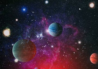 Gezegen ve galaksinin yıldızları serbest uzayda. Bu görüntünün elementleri NASA tarafından desteklenmektedir .