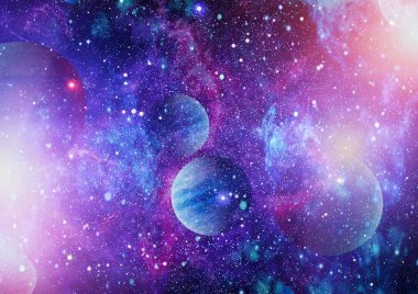 Gezegen ve galaksinin yıldızları serbest uzayda. Bu görüntünün elementleri NASA tarafından desteklenmektedir .