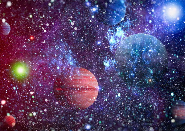 Stars of a planet and galaxy in a free space. Elements of this image furnished by NASA .