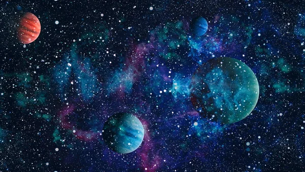 Gezegen ve galaksinin yıldızları serbest uzayda. Bu görüntünün elementleri NASA tarafından desteklenmektedir .