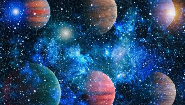 Uzaydaki gezegenler, yıldızlar ve galaksiler uzay keşiflerinin güzelliğini gösteriyor. NASA tarafından döşenmiş elementler