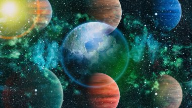 Uzaydaki gezegenler, yıldızlar ve galaksiler uzay keşiflerinin güzelliğini gösteriyor. NASA tarafından döşenmiş elementler