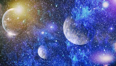 Gezegen ve galaksinin yıldızları serbest uzayda. Bu görüntünün elementleri NASA tarafından desteklenmektedir .