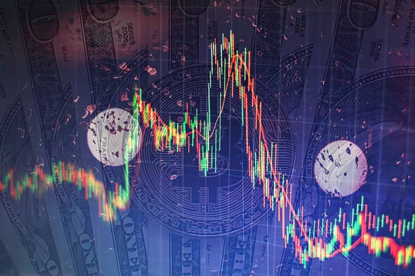 Bitcoin Und Ein Cent Münze Auf Uns Dollarscheinen Makroaufnahme — Stockfoto