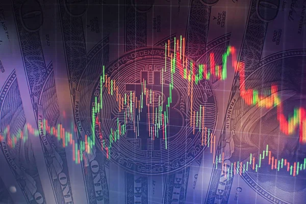 Bitcoin Und Ein Cent Münze Auf Uns Dollarscheinen Makroaufnahme — Stockfoto