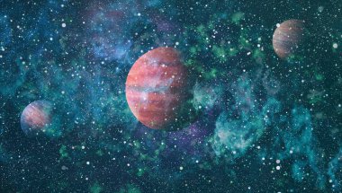 Uzayda gezegenlerin, yıldızların ve galaksilerin olduğu evren sahnesi uzay keşiflerinin güzelliğini gösteriyor. NASA tarafından döşenmiş elementler