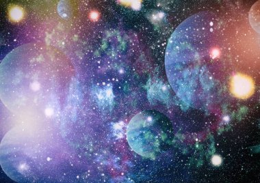 Uzayda gezegenlerin, yıldızların ve galaksilerin olduğu evren sahnesi uzay keşiflerinin güzelliğini gösteriyor. NASA tarafından döşenmiş elementler