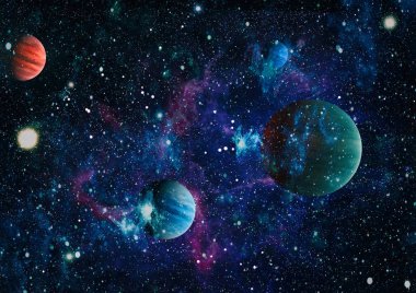 Uzaydaki gezegenler, yıldızlar ve galaksiler uzay keşiflerinin güzelliğini gösteriyor. NASA tarafından döşenmiş elementler