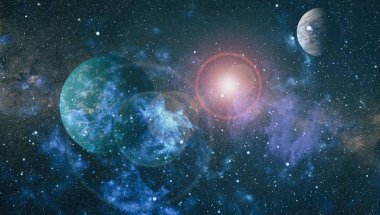 Gezegen ve galaksinin yıldızları serbest uzayda. Bu görüntünün elementleri NASA tarafından desteklenmektedir .