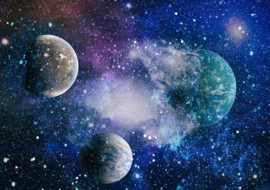 Gezegen ve galaksinin yıldızları serbest uzayda. Bu görüntünün elementleri NASA tarafından desteklenmektedir .