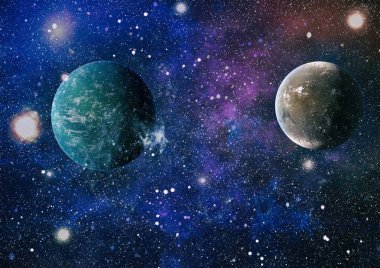 Gezegen ve galaksinin yıldızları serbest uzayda. Bu görüntünün elementleri NASA tarafından desteklenmektedir .