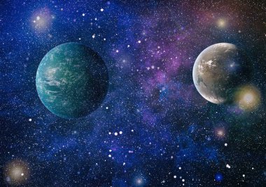 Gezegen ve galaksinin yıldızları serbest uzayda. Bu görüntünün elementleri NASA tarafından desteklenmektedir .