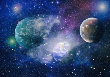 Gezegen ve galaksinin yıldızları serbest uzayda. Bu görüntünün elementleri NASA tarafından desteklenmektedir .