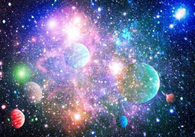 Gezegen ve galaksinin yıldızları serbest uzayda. Bu görüntünün elementleri NASA tarafından desteklenmektedir .