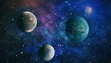 Gezegen ve galaksinin yıldızları serbest uzayda. Bu görüntünün elementleri NASA tarafından desteklenmektedir .