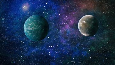 Gezegen ve galaksinin yıldızları serbest uzayda. Bu görüntünün elementleri NASA tarafından desteklenmektedir .