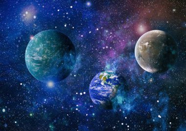 Gezegen ve galaksinin yıldızları serbest uzayda. Bu görüntünün elementleri NASA tarafından desteklenmektedir .