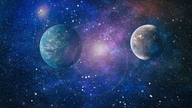 Gezegen ve galaksinin yıldızları serbest uzayda. Bu görüntünün elementleri NASA tarafından desteklenmektedir .