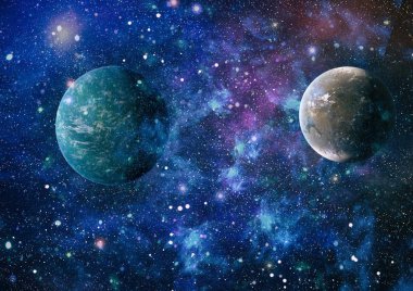 Gezegen ve galaksinin yıldızları serbest uzayda. Bu görüntünün elementleri NASA tarafından desteklenmektedir .